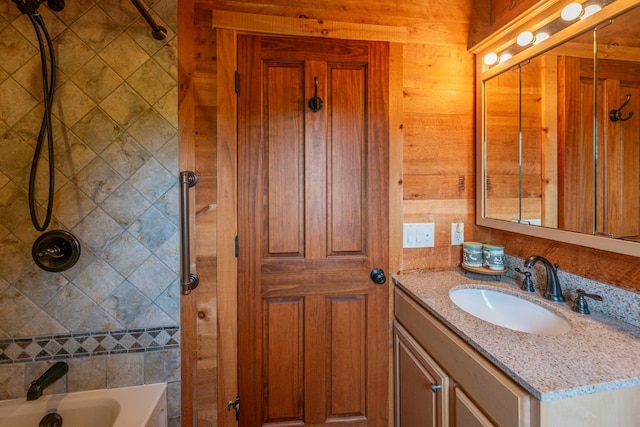 938 Stigers Rd, Andover, VT 05143 - full bathroom featuring vanity, wood walls, and shower / bathtub combination