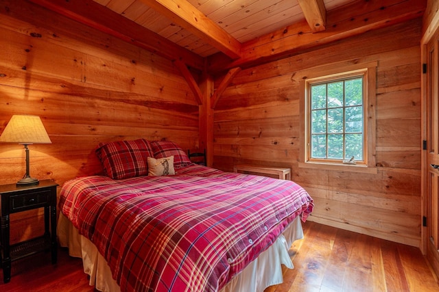 938 Stigers Rd, Andover, VT 05143 - bedroom with wooden walls, hardwood / wood-style floors, wood ceiling with exposed beams, and a relaxing sauna