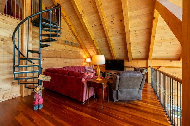 938 Stigers Rd, Andover, VT 05143 - living room featuring wood ceiling, hardwood / wood-style floors, wooden walls, and stairs