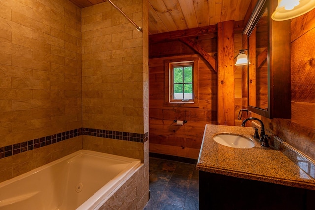 938 Stigers Rd, Andover, VT 05143 - full bath with wooden ceiling, vanity, wooden walls, and a combined bath / shower with jetted tub