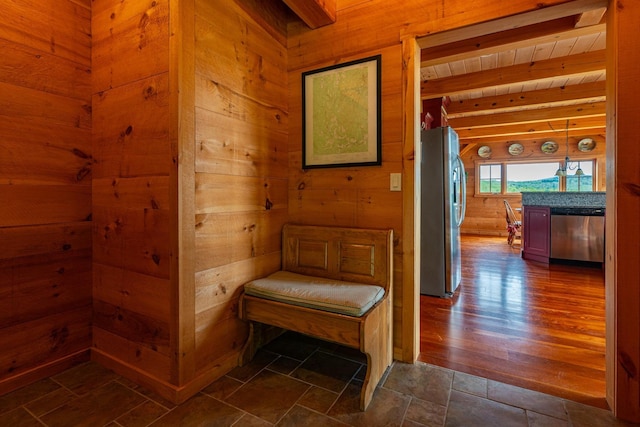 938 Stigers Rd, Andover, VT 05143 - hall with wood walls and beam ceiling