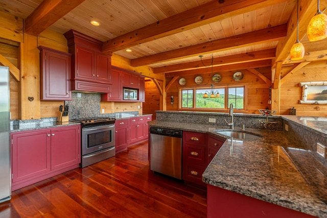 938 Stigers Rd, Andover, VT 05143 - kitchen featuring stainless steel appliances, a sink, dark wood-style floors, backsplash, and wooden ceiling with exposed beams