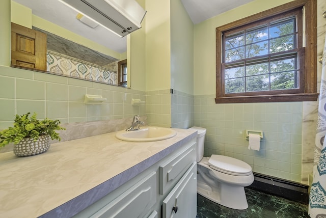 3 Timber Ln, Merrimack, NH 03054 - bathroom with a baseboard radiator, vanity, toilet, tile walls, and a shower with shower curtain