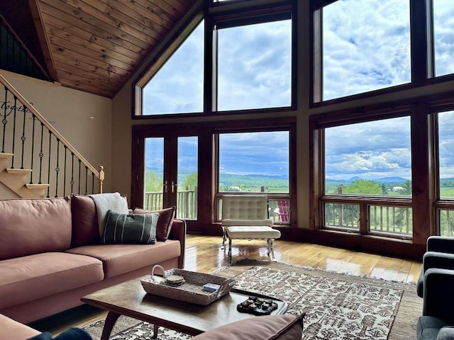 2522 Number 12 Rd, Newport City, VT 05857 - living room with light wood finished floors, high vaulted ceiling, stairs, and wood ceiling