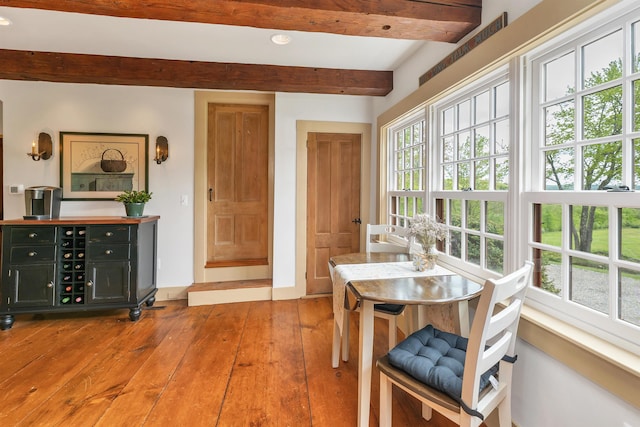 74 Bartlett Rd, Barnstead, NH 03225 - dining area featuring beamed ceiling, hardwood / wood-style flooring, and recessed lighting