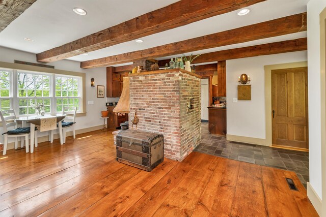 74 Bartlett Rd, Barnstead, NH 03225 - living room featuring beam ceiling, recessed lighting, baseboards, and hardwood / wood-style floors