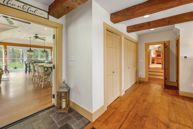74 Bartlett Rd, Barnstead, NH 03225 - corridor with beam ceiling, baseboards, recessed lighting, and wood finished floors