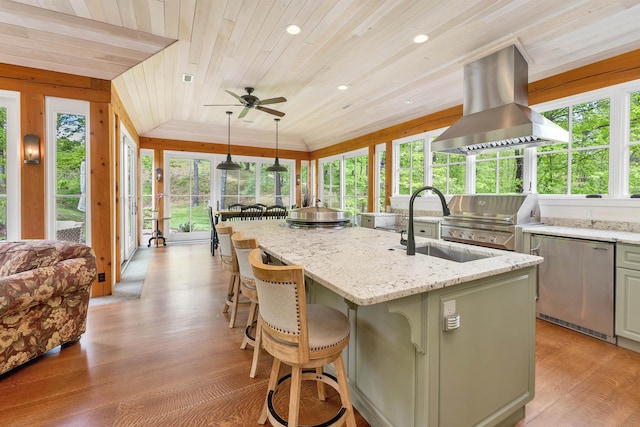 74 Bartlett Rd, Barnstead, NH 03225 - kitchen featuring island exhaust hood, ceiling fan, light stone counters, a kitchen island with sink, and wooden ceiling