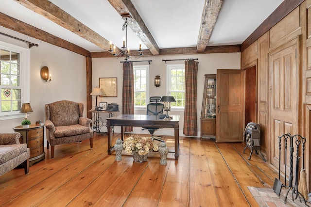 74 Bartlett Rd, Barnstead, NH 03225 - office space featuring light wood-type flooring, beamed ceiling, and a chandelier