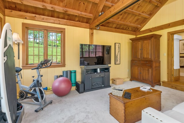 74 Bartlett Rd, Barnstead, NH 03225 - exercise room with wood ceiling, carpet flooring, vaulted ceiling, and wood walls
