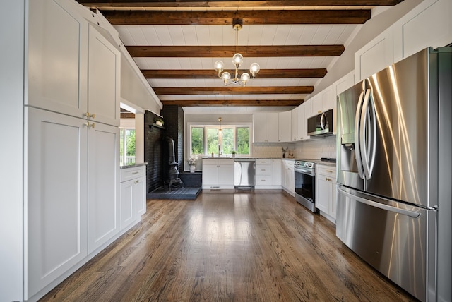 753 Sanborn Rd, Sanbornton, NH 03269 - kitchen with stainless steel appliances, a wood stove, white cabinetry, dark wood-style flooring, and backsplash