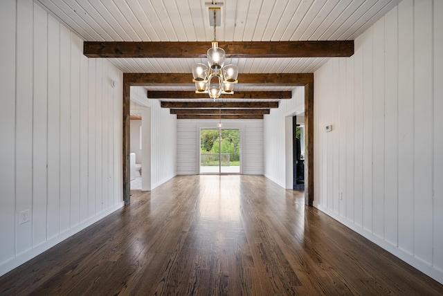 753 Sanborn Rd, Sanbornton, NH 03269 - spare room featuring a chandelier, dark wood-style floors, wooden walls, and wooden ceiling with exposed beams