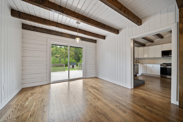 753 Sanborn Rd, Sanbornton, NH 03269 - unfurnished living room featuring hardwood / wood-style flooring, wooden walls, and wood ceiling with exposed beams