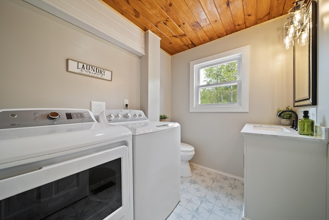 753 Sanborn Rd, Sanbornton, NH 03269 - washroom featuring washer and clothes dryer, wooden ceiling, light floors, and baseboards