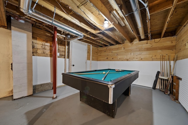 753 Sanborn Rd, Sanbornton, NH 03269 - rec room featuring billiards, concrete flooring, and wooden walls