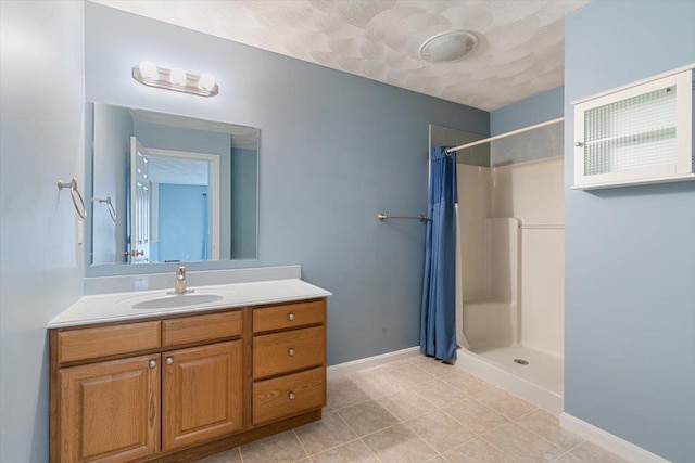 10 Hadleigh Rd, Windham, NH 03087 - bathroom with curtained shower, vanity, tile patterned floors, and baseboards