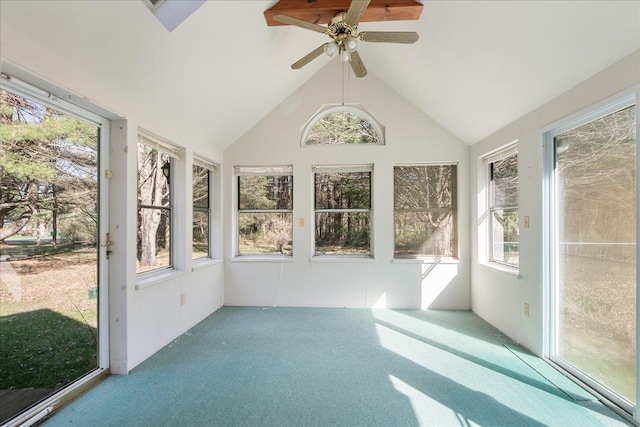 129 Camp Kiniya Rd, Colchester, VT 05446 - unfurnished sunroom featuring carpet, a ceiling fan, and high vaulted ceiling