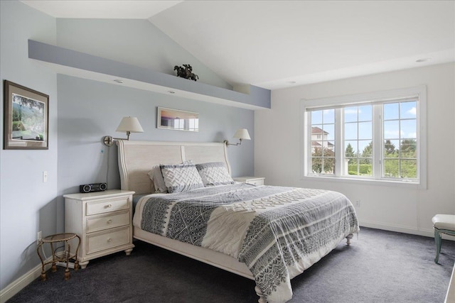 26 Pinnacle Dr, South Burlington, VT 05403 - bedroom featuring dark colored carpet, vaulted ceiling, and baseboards