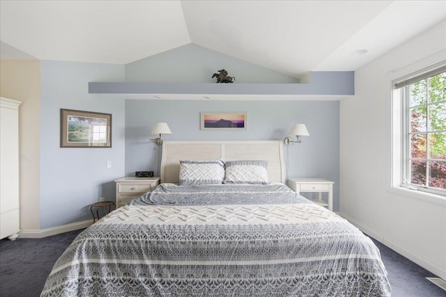26 Pinnacle Dr, South Burlington, VT 05403 - bedroom with dark carpet, lofted ceiling, and baseboards