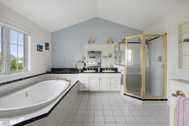 26 Pinnacle Dr, South Burlington, VT 05403 - full bath with a stall shower, lofted ceiling, a bath, vanity, and tile patterned flooring