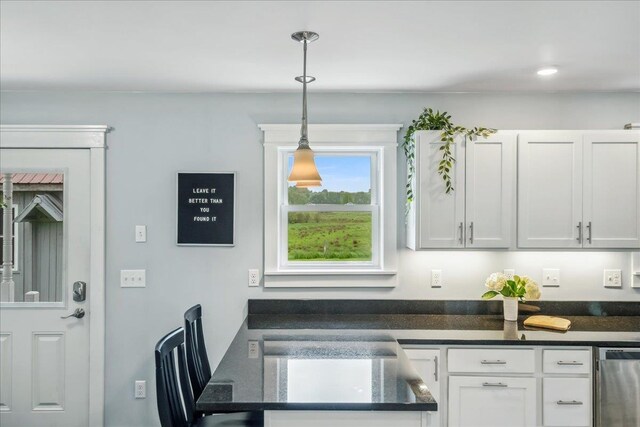 3352 Watertower Rd, Berkshire, VT 05450 - kitchen with white cabinetry, pendant lighting, and dishwasher