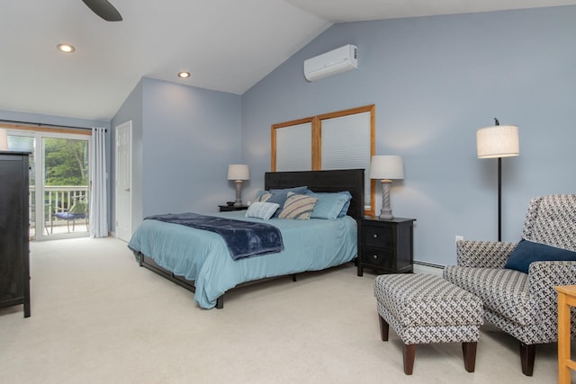 27 Grafton Dr, Bedford, NH 03110 - bedroom featuring lofted ceiling, a wall unit AC, light carpet, a baseboard heating unit, and access to outside