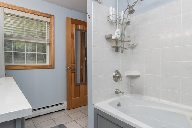 27 Grafton Dr, Bedford, NH 03110 - full bathroom with a baseboard heating unit, tile patterned flooring, a combined bath / shower with jetted tub, and vanity