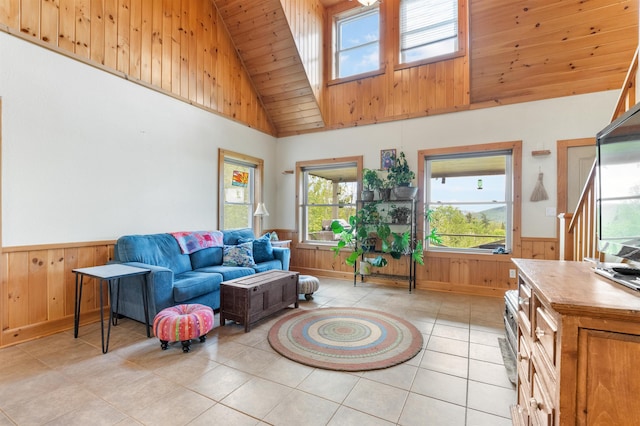 174 Sky View Rd, Stratford, NH 03590 - living area featuring wainscoting, light tile patterned flooring, high vaulted ceiling, wooden ceiling, and wooden walls