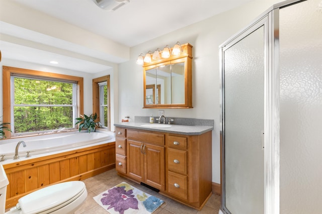 174 Sky View Rd, Stratford, NH 03590 - bathroom with vanity, toilet, a bath, a stall shower, and tile patterned flooring