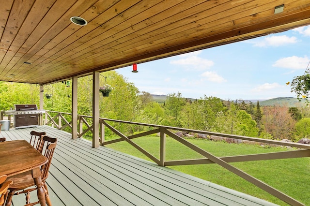 174 Sky View Rd, Stratford, NH 03590 - wooden terrace with a grill, a lawn, and a view of trees