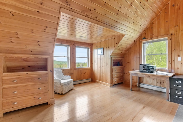 174 Sky View Rd, Stratford, NH 03590 - office space featuring a baseboard radiator, vaulted ceiling, healthy amount of natural light, light wood finished floors, and wooden ceiling