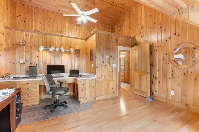 174 Sky View Rd, Stratford, NH 03590 - home office featuring vaulted ceiling, wooden walls, wood finished floors, ceiling fan, and wooden ceiling