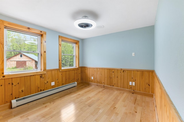 174 Sky View Rd, Stratford, NH 03590 - unfurnished room featuring a baseboard radiator, light wood finished floors, wainscoting, and wood walls