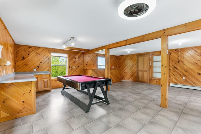 174 Sky View Rd, Stratford, NH 03590 - recreation room featuring baseboard heating, wooden walls, track lighting, and billiards table