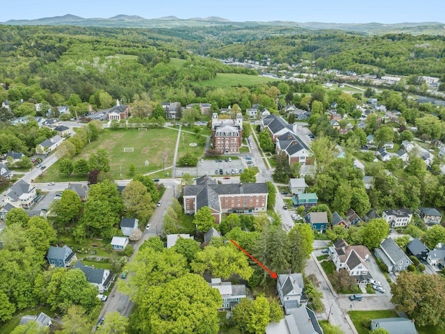 27 Ridge St, Montpelier, VT 05602 - aerial view of property's location with a heavily wooded area and a mountain backdrop