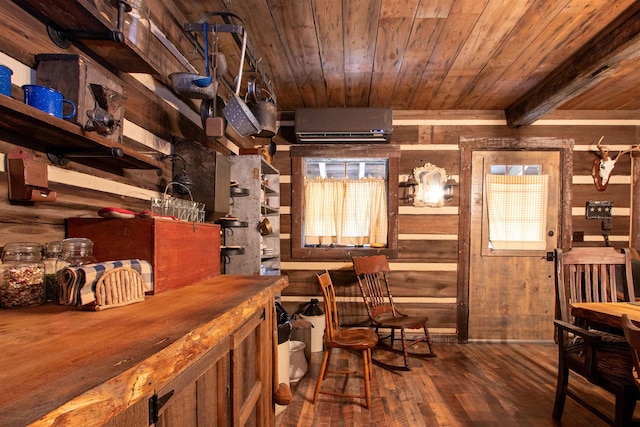 364 Spaulding Rd, Saint Johnsbury, VT 05819 - dining space featuring a wall mounted air conditioner, wooden ceiling, wood walls, and hardwood / wood-style flooring