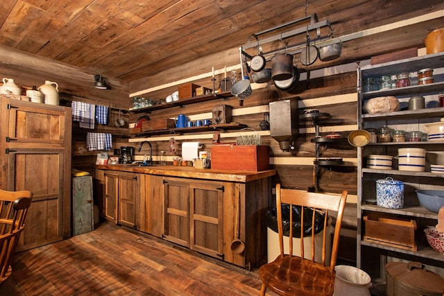 364 Spaulding Rd, Saint Johnsbury, VT 05819 - wine room with dark wood-type flooring, a sink, wood ceiling, and wooden walls