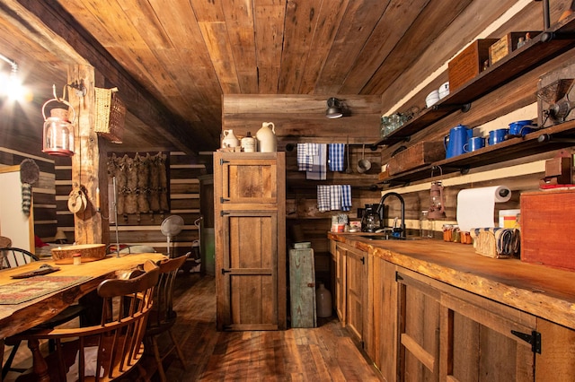 364 Spaulding Rd, Saint Johnsbury, VT 05819 - wine area featuring a sink, wooden ceiling, dark wood-style flooring, and wood walls