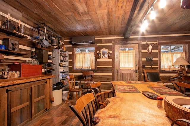 364 Spaulding Rd, Saint Johnsbury, VT 05819 - dining space with wooden ceiling, wooden walls, wood finished floors, and a wall unit AC
