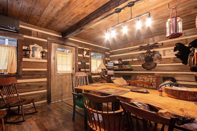364 Spaulding Rd, Saint Johnsbury, VT 05819 - dining area featuring wood ceiling, wood walls, dark wood finished floors, a wall unit AC, and track lighting
