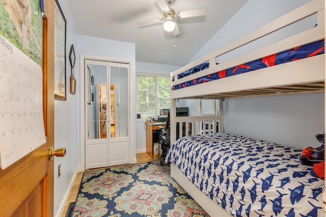 110 Nh Dr, Webster, NH 03303 - bedroom with vaulted ceiling, wood finished floors, and a ceiling fan