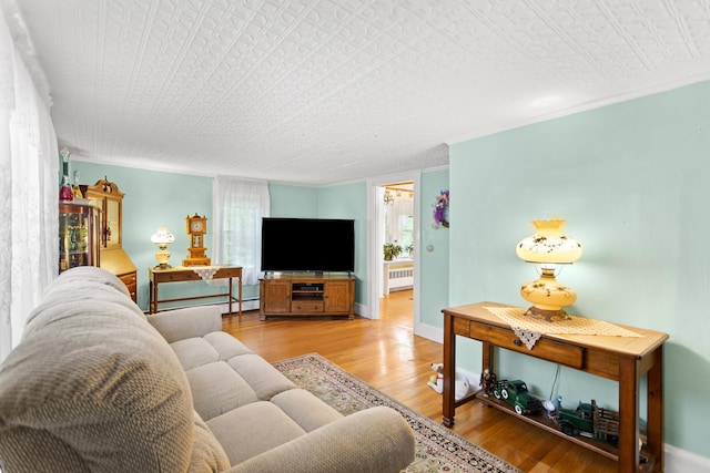 166 New Boston Rd, Goffstown, NH 03045 - living room with radiator, light wood-type flooring, baseboards, crown molding, and a baseboard heating unit