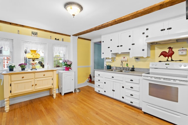 166 New Boston Rd, Goffstown, NH 03045 - kitchen with white electric range oven, a sink, under cabinet range hood, light wood finished floors, and light countertops