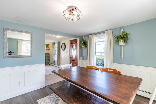 129 Indigo Hill Rd, Somersworth, NH 03878 - dining area featuring a baseboard radiator, wainscoting, and dark wood-style floors