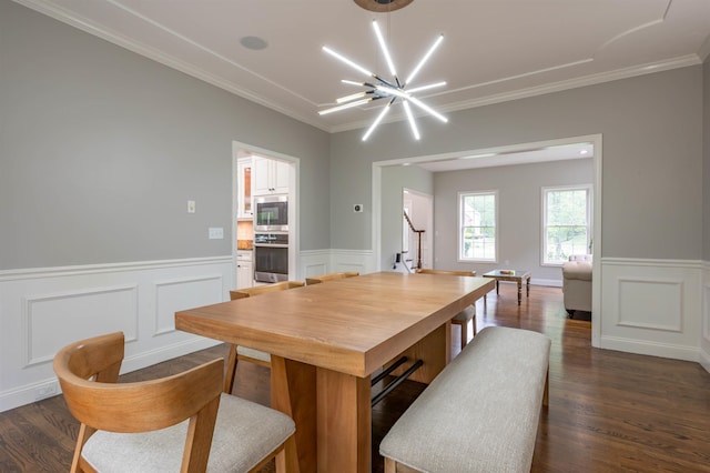 35 Northland Rd, Windham, NH 03087 - dining area featuring stairway, dark wood finished floors, ornamental molding, wainscoting, and a chandelier