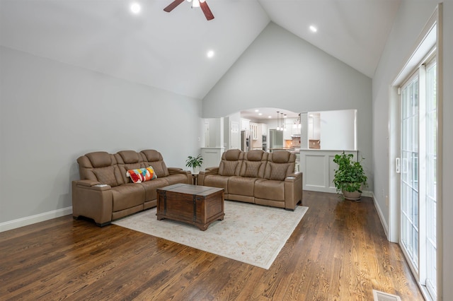 35 Northland Rd, Windham, NH 03087 - living area featuring a ceiling fan, high vaulted ceiling, dark wood-style flooring, arched walkways, and recessed lighting