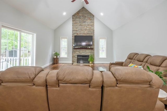 35 Northland Rd, Windham, NH 03087 - living area with high vaulted ceiling, ceiling fan, wood finished floors, a fireplace, and recessed lighting
