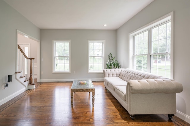 35 Northland Rd, Windham, NH 03087 - living area featuring baseboards, stairs, dark wood-style flooring, and recessed lighting