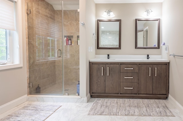 35 Northland Rd, Windham, NH 03087 - bathroom featuring baseboards, double vanity, a shower stall, and marble look tile flooring