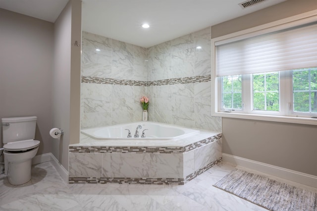 35 Northland Rd, Windham, NH 03087 - bathroom with a garden tub, toilet, baseboards, marble finish flooring, and recessed lighting
